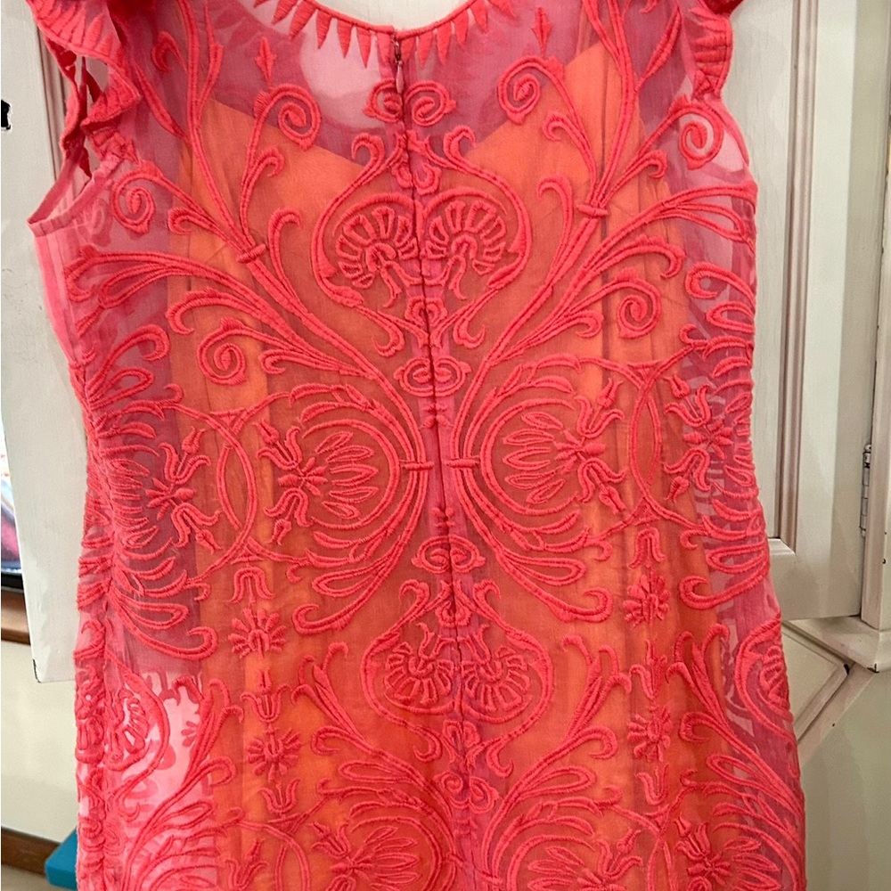 Like new exquisite, filigree embroidered dress size 10 color coral-pinkish - Picture 9 of 13